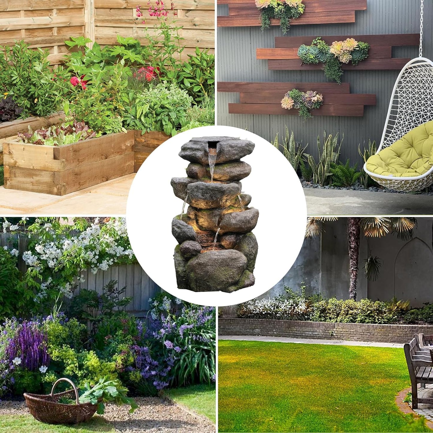 Garden Outdoor Fountains 4-Tier Rock Outdoor Water Fountain with Lights, 28.35" Waterfall Fountain for Garden, Patio, Yard, and Lawn, Natural Stone Look Water Features Outdoor Patio