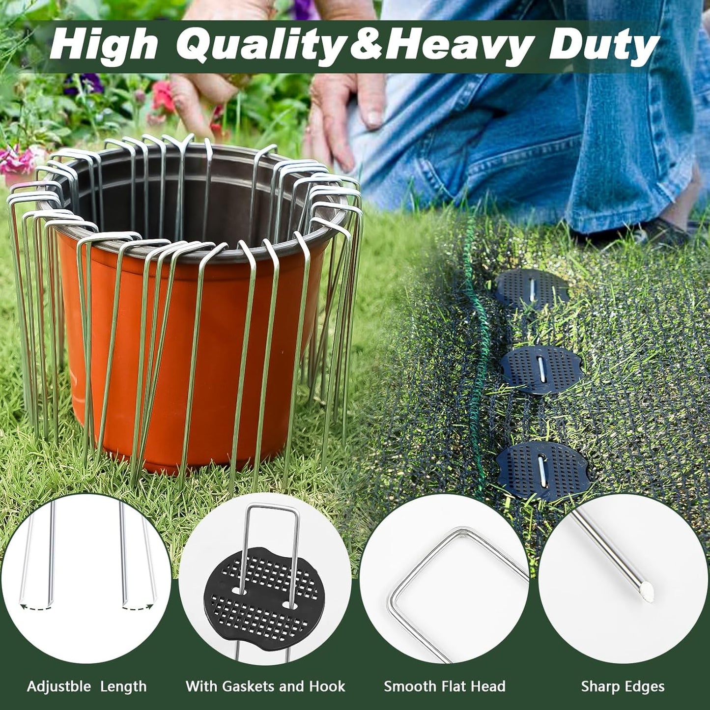 FEED GARDEN 6 Inch 50 Pcs Galvanized Landscape Staples 50 Pcs Gaskets Pick Hook Garden Stakes 11 Gauge Anti-Rust Landscaping Fabric SOD Pins U Shaped Yard Turf Stakes for Weed Barrier Fabric