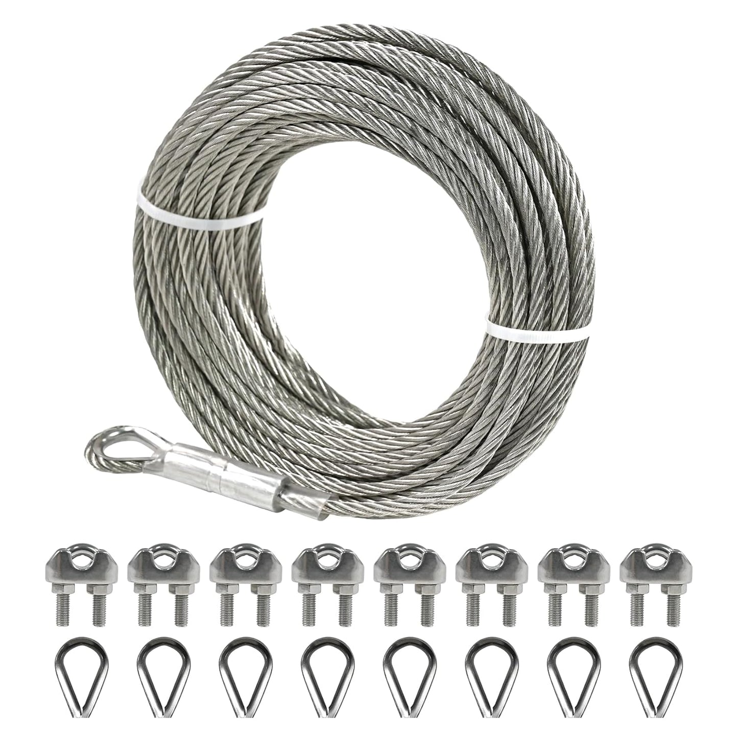 1/4" Stainless Steel Cable, 25FT Wire Rope with Clamps and Thimble, 7X19 Strands Aircraft Cable for Zipline, Outdoor, Deck Railing, Heavy Duty Applications, Hanging, 6400lbs Breaking Strength