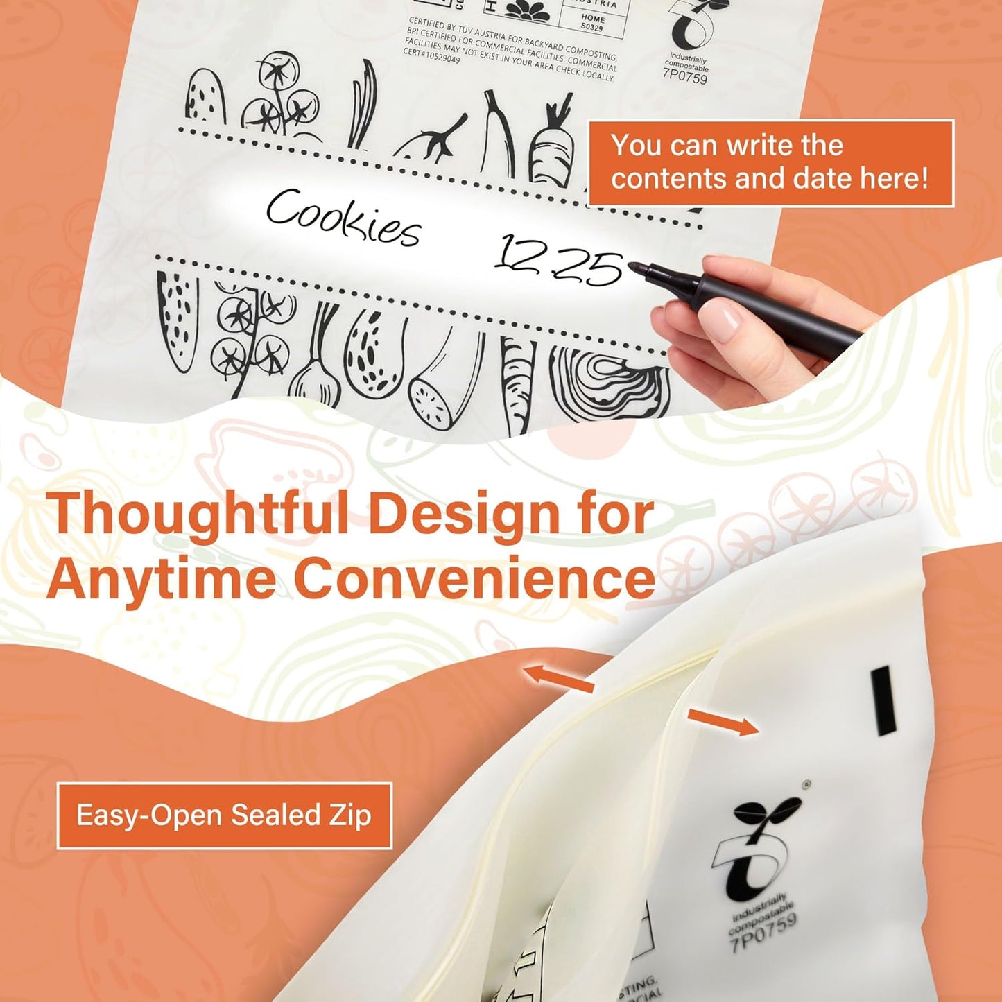 Compostable Food Storage Bags, Large Gallon Resealable Freezer Bags, 60 Count, 10.5 x 10.6 inches, Extra Thick and Reusable, Eco-Friendly, Certified US BPI ASTM D6400 Europe OK Compost