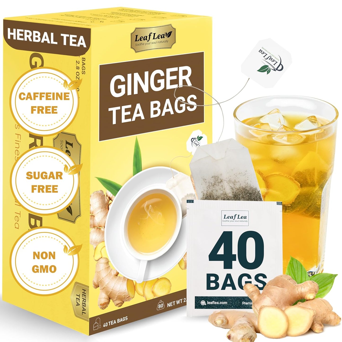 LeafLea 40 Ginger Tea Bags, 100% Pure & Natural from Dried Ginger Root Tea, Spicy & Comforting Herbal Tea Supports Digestion, Caffeine Free, Sugar Free, No Gluten, Non-GMO, Vegan
