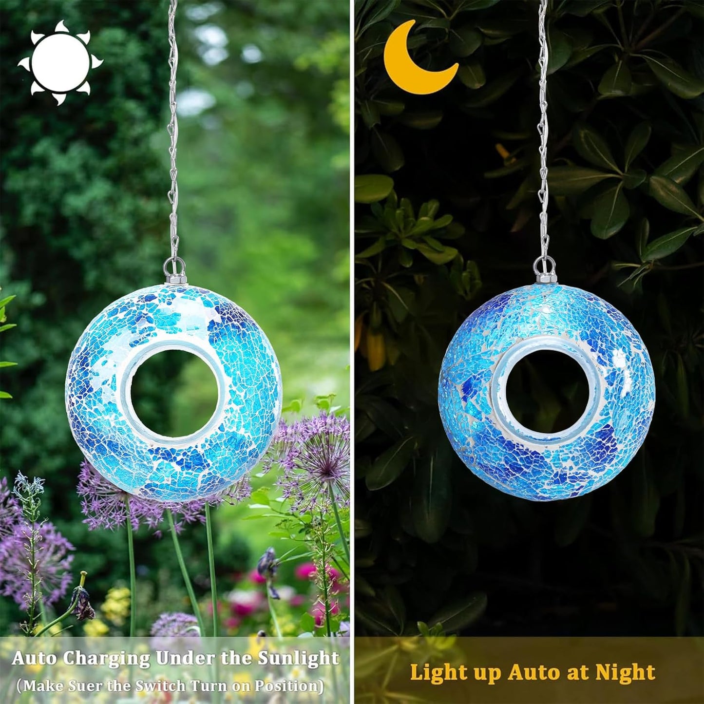 Yinns Solar Bird Feeder - Mosaic Fly Through Bird Feeders for Outside Hanging with Round Shape Glass Container Birdfeeder for Garden Decor, 8 Inch