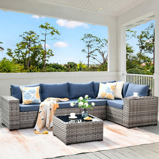 HOOOWOOO Modular Patio Outdoor Sectional Furniture Set,6 Piece Wicker Conversation Sofa Set,Out Door Couch Set with Wide Arm for Outside All Weather(Denim Blue)
