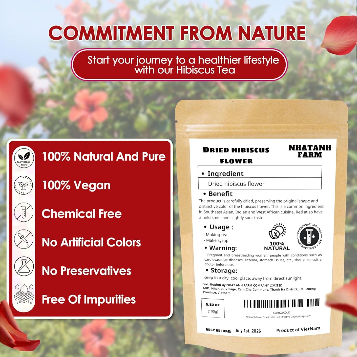 NhatAnhFarm, Dried Hibiscus. 100gr Natural Dried Hibiscus, 100% Natural & Pure, Sugar/Caffeine/Gluten Free. The Perfect Ingredient For Making Tea, Baking, And Effective Deodorizing