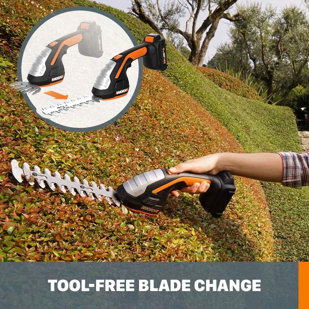 WORX WG801 20V 2 in 1 Cordless Hedge Trimmer, 4" Grass Shear & 8" Shrub Trimmer with 2 Blades, Battery & Charger Included