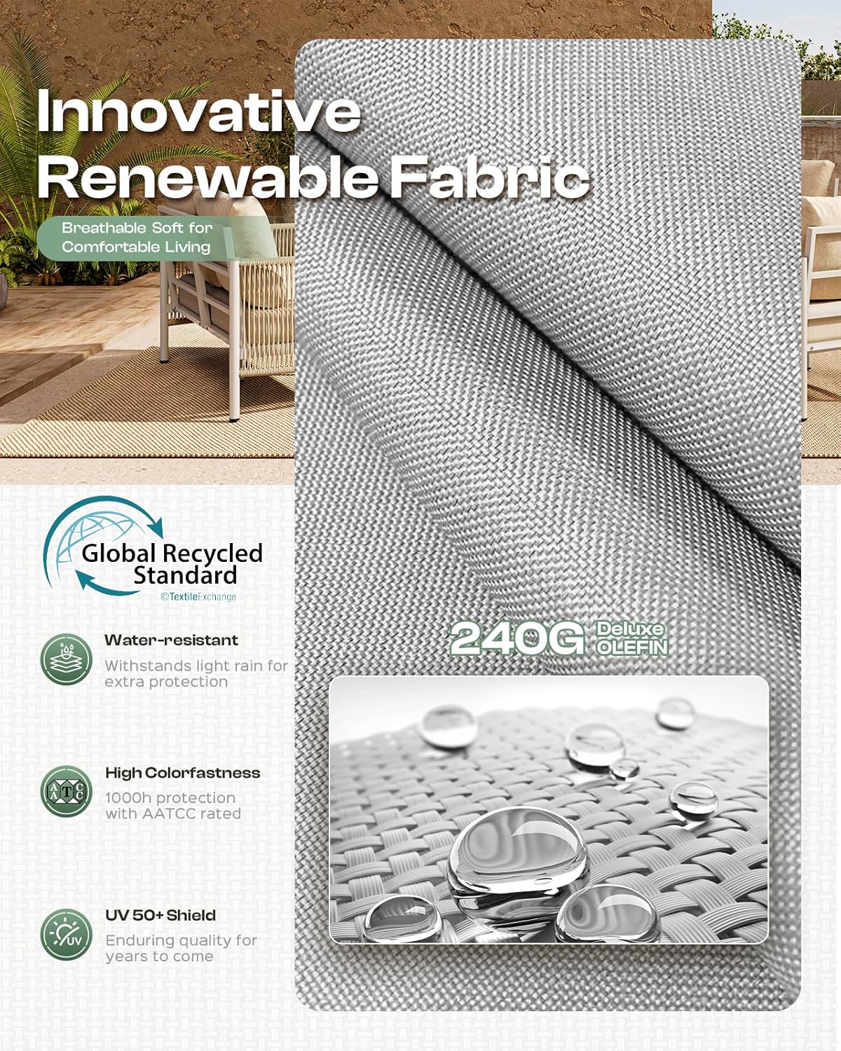 Aluminum Outdoor Patio Furniture Set, HDPE Rope 5 Piece Modern Sectional Conversation Sets with Dual-Layer Coffee Table, All Weather Patio Couch Sofa with Thick Cushions, White Frame, White