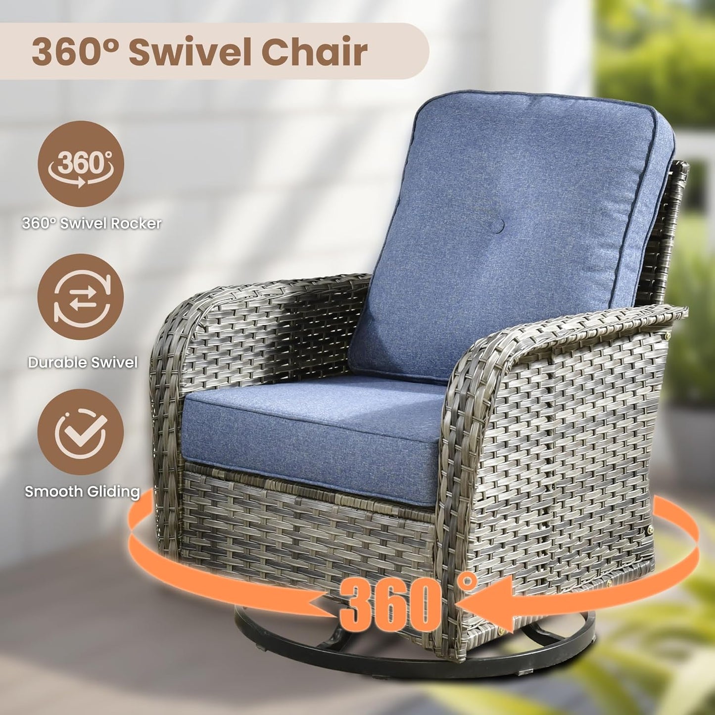 HOOOWOOO Patio Furniture Set,8 Pieces Outdoor Conversation Set,All Weather Wicker Loveseat Sofa Set with High Back Swivel Rocking Chairs Tables,Denim Blue