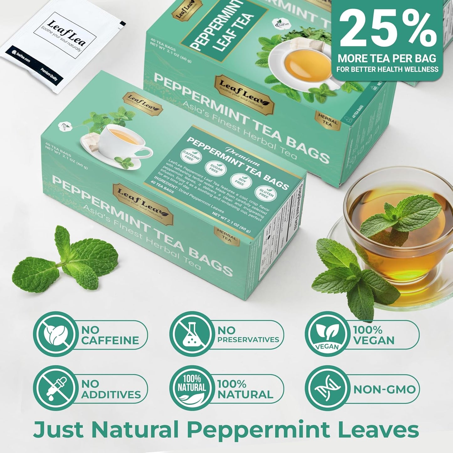 LeafLea 40 Peppermint Tea Bags, Natural Peppermint Leaf Herbal Tea with Cool Taste, Te De Menta for Gentle Digestive Support, Te De Hierba Buena, Caffeine-Free, Sugar-Free, Vegan, Individually Wrapped
