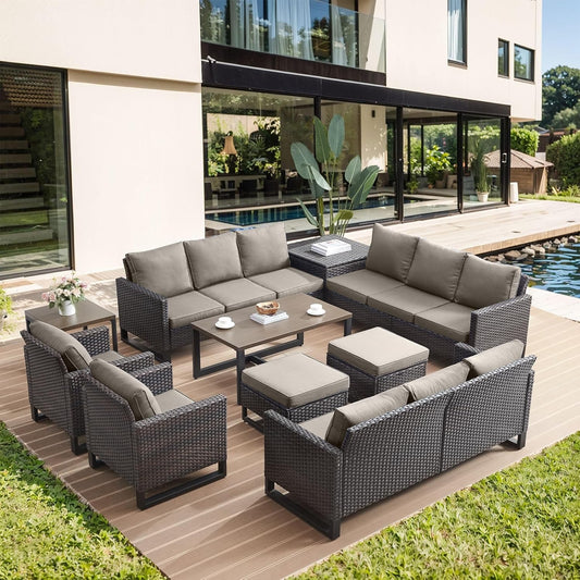 HUMMUH 10 Piece Patio Furniture Set PE Wicker 3 Outdoor Sectional Sofa Set with Patio Chairs Dinning Table Ottomans for Porch,Garden,Backyard,Deck(Brown/Grey)