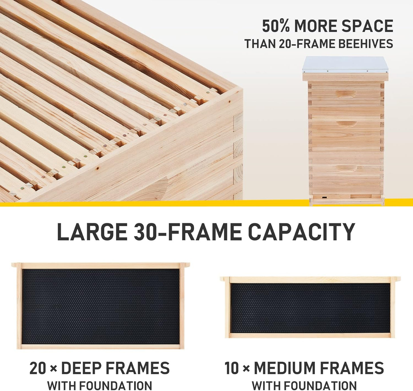 CREWORKS Bee Hive Boxes Starter Kit, 3 Layer Bee House Langstroth Beehive for Bees Keeping, Beekeeping Supplies with Plastic Queen Excluder and Nails (10 Medium and 20 Deep Frames)