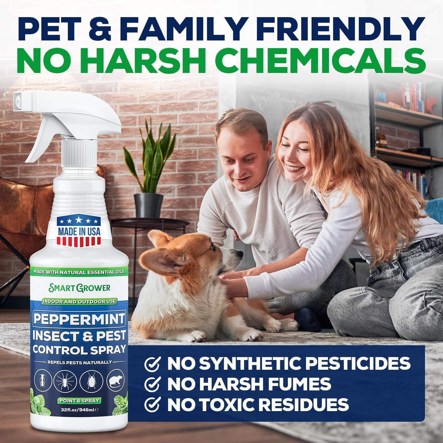 All Natural Peppermint Oil Insect & Pest Control Spray Repels Mice, Spiders, Ants, for Home, Indoor, Outdoor, Garden Maximum Strength Smart Grower Ready to Use 32 FL OZ