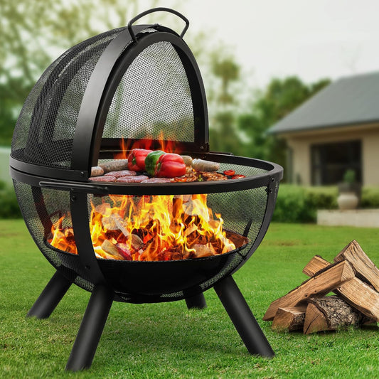 Ikuby Ball of Fire Pit fire Ball with BBQ Grill fire Globe Pit Large Round fire Pit,Patio Fire Pit Fireplace for Camping, Heating, Bonfire and Picnic, Black, 33.85*32.67*35in, (BLKFP-001)