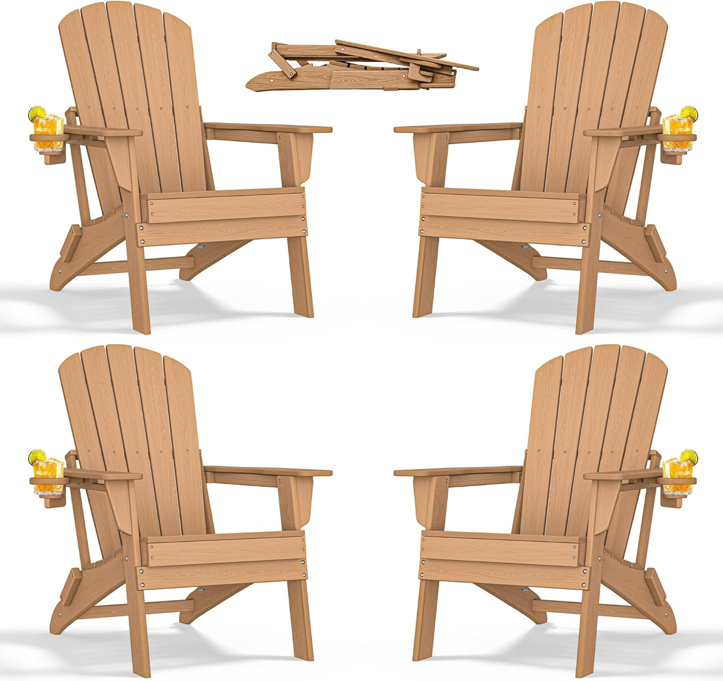 Folding Adirondack Chair - Extended Ergonomic Backrest, Cup Holder - Easy Assembly - Durable HDPE Plastic, Weather Resistant & Maintenance-Free - Lawn, Patio, Deck Supports 380lbs Teak