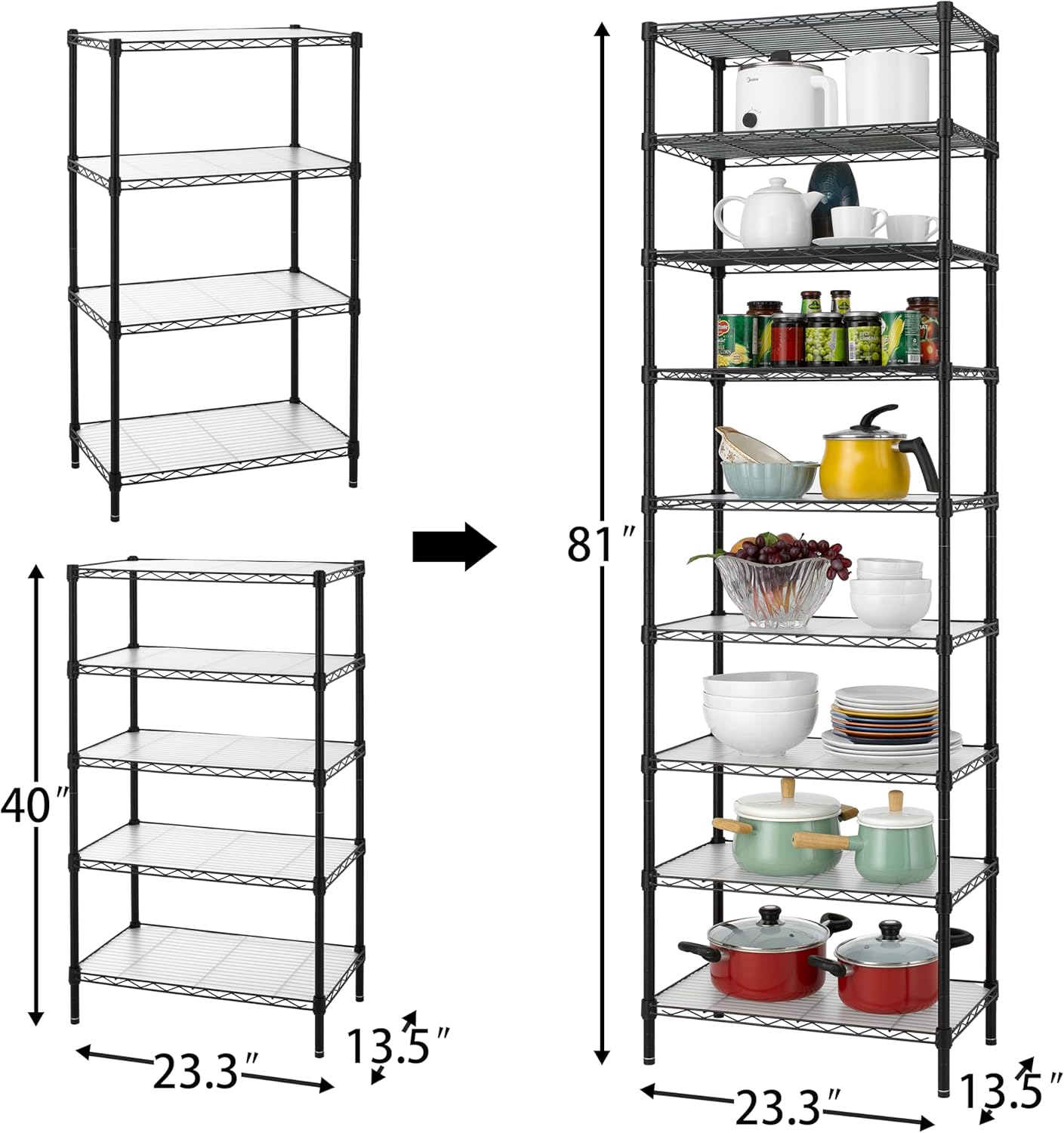 Finnhomy 9-Tier Wire Shelving Unit Adjustable Steel Wire Rack Shelving, 81 Inches Height 9 Shelves Metal Storage Rack, Pantry Shelves for Storage with PE mat, NSF Certified, Black
