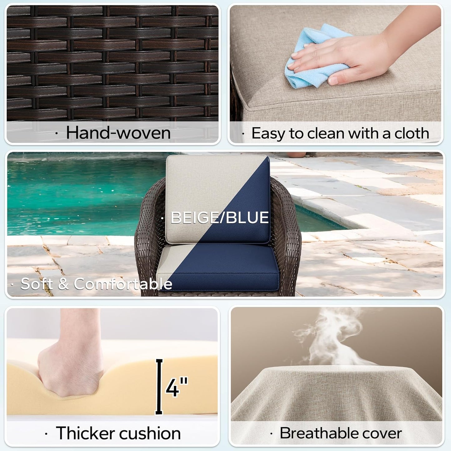 3 Pieces Patio Conversation Set, 55" Sofa with Washable Cushions, Wicker 360 Degree Swivel Glider Rocker Chairs, Wicker 2-Seat Couch for Garden, Lawn (Beige)