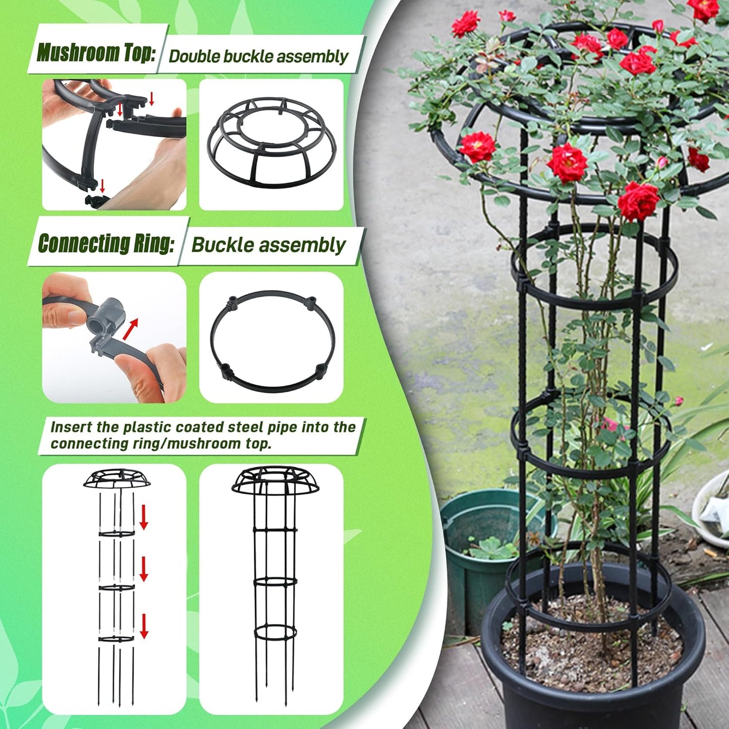 Garden Trellis for Climbing Plants, 2 Pack 53.2 Inch Mushroom Top Trellis for Climbing Plants Outdoor Indoor, Rustproof Metal with Plastic Coated Plant Climbing Support for Flower Fruits Vines