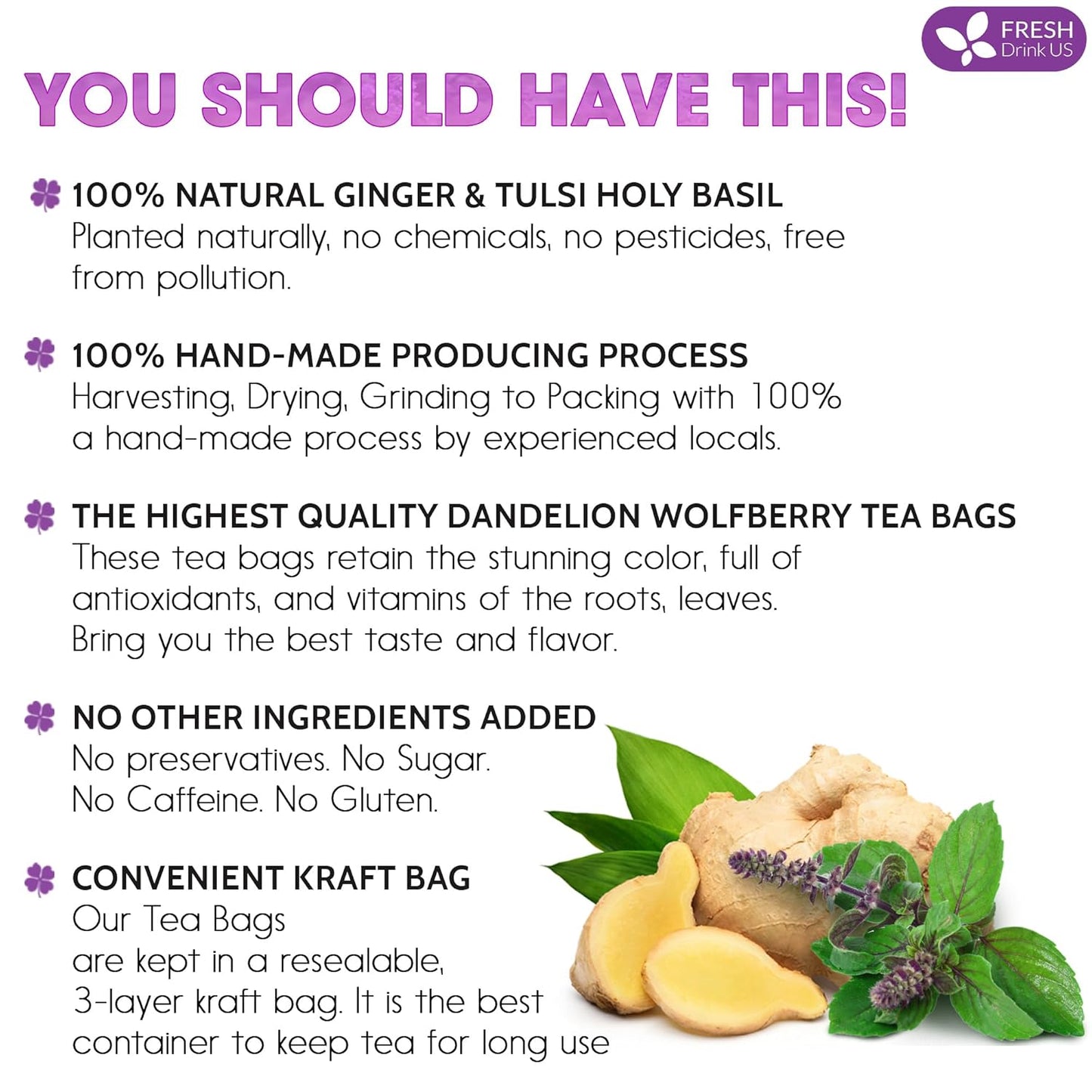 FreshDrinkUS Premium 75 Ginger Tulsi Tea Bags, 100% Natural, Hand-made Blend of Ginger and Tulsi Holy Basil Leaves, Eco-conscious Tea Bags. No Sugar, No Caffeine, Vegan