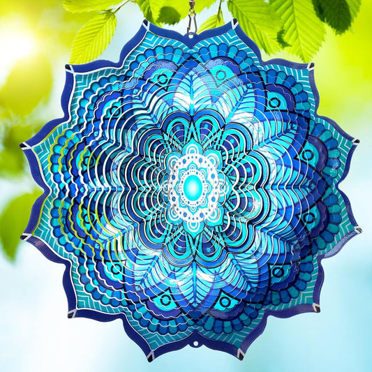 Goolyrusim Wind Spinner Mandala Rich Blue 12inch 3D Stainless Steel Wind Spinners Laser Cut Metal Hanging Wind Sculptures Kinetic Yard Art Decoration Garden Ornament Indoor/Outdoor Décor Worth Gift