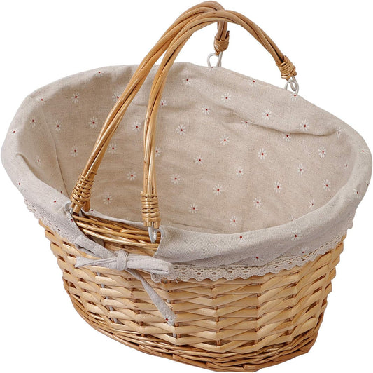 KINJOEK Wicker Woven Basket, 14 x 11 x 6.7 Inch Multipurpose Willow Basket with Handle Premium Linen Cotton Cloth Lining for Storage and Decoration, Natural