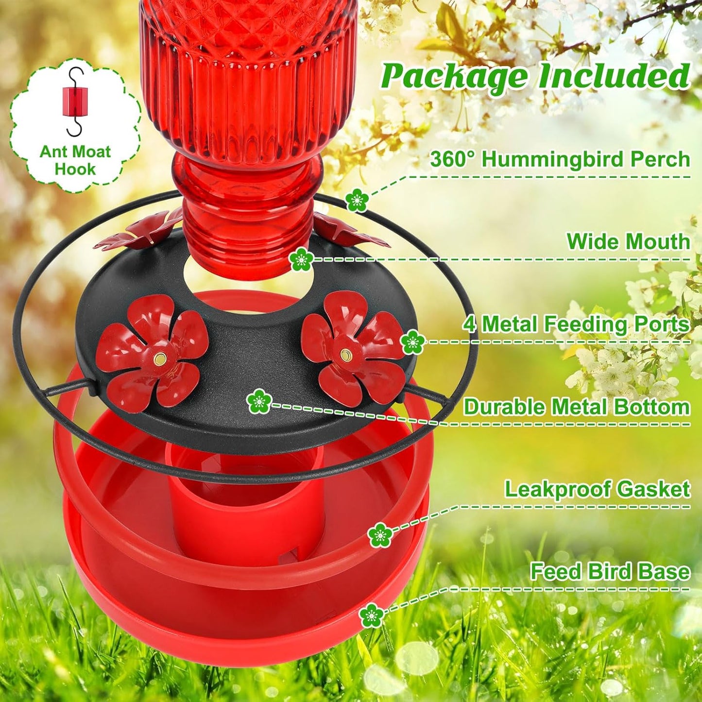 FEED GARDEN Glass Hummingbird Feeder for Outdoors Hanging, 16 OZ Humming Birds Feeders with 4 Bee Guard Feeding Ports & Built-in Ant Moat, Bird Feeder for Outside, Gifts for Women Mom, Red