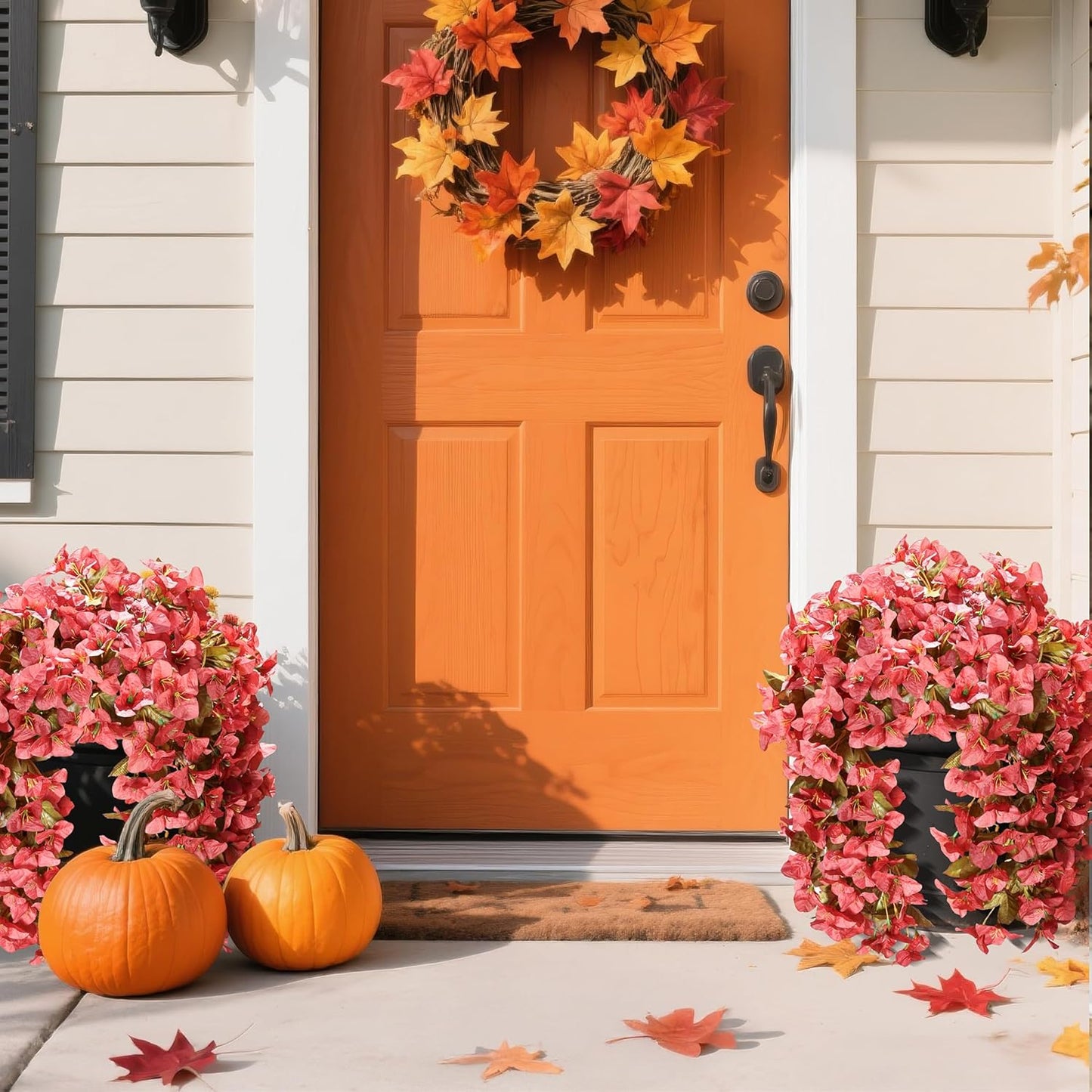 Bougainvillea Artificial Fall Hanging Flowers Plants for Outdoors Autumn Decoration, 2pcs Faux Bougainvillea Vines Red Fake Flowers Realistic UV Resistant Silk Flowers for Outside Planter Yard Home