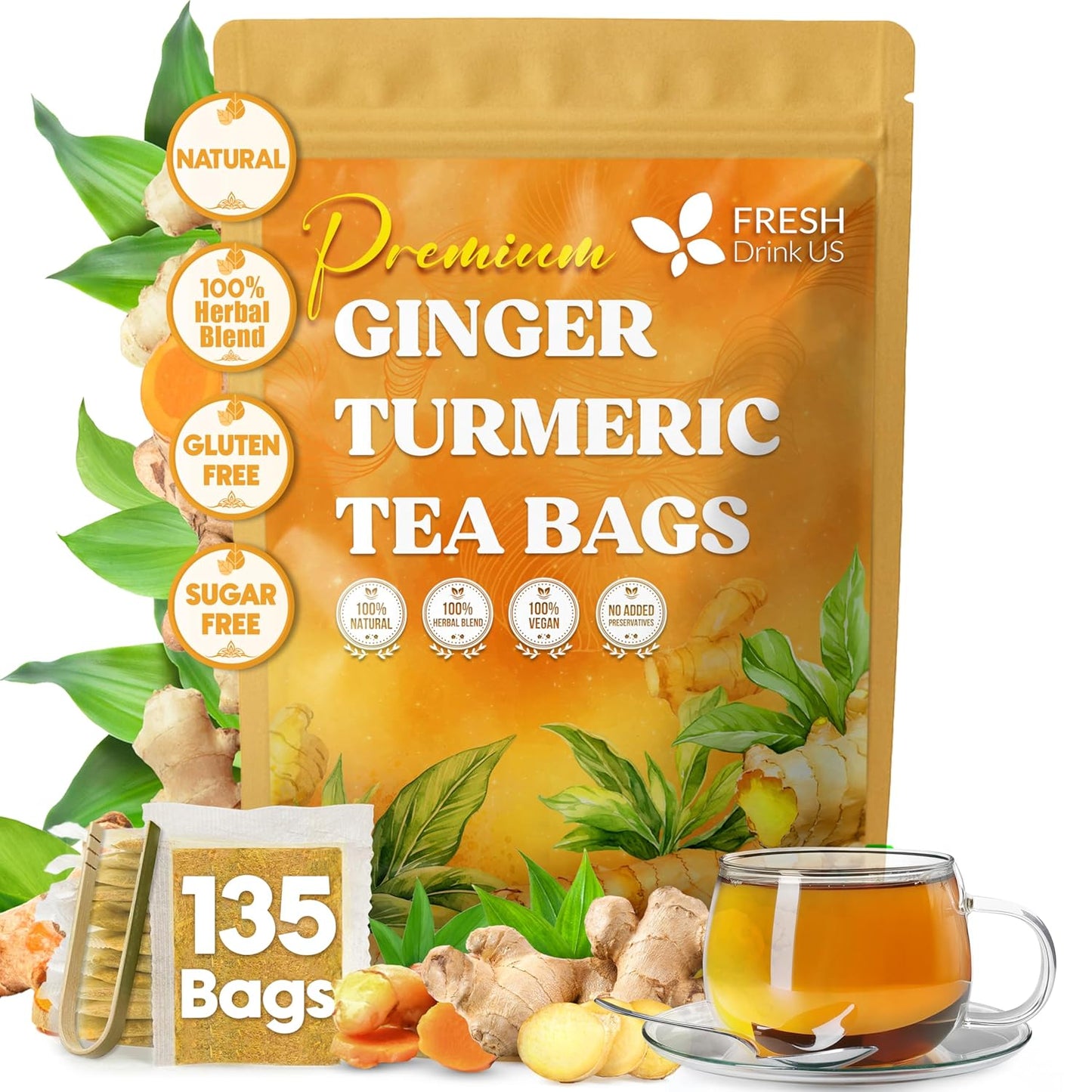 FreshDrinkUS, Premium 135 Turmeric Ginger Tea Bags, 100% Natural Ingredients, Hand-made Blend of Turmeric and Ginger Herbal Tea, Eco-conscious Tea Bags. No Sugar, No Caffeine, No Gluten, Vegan.