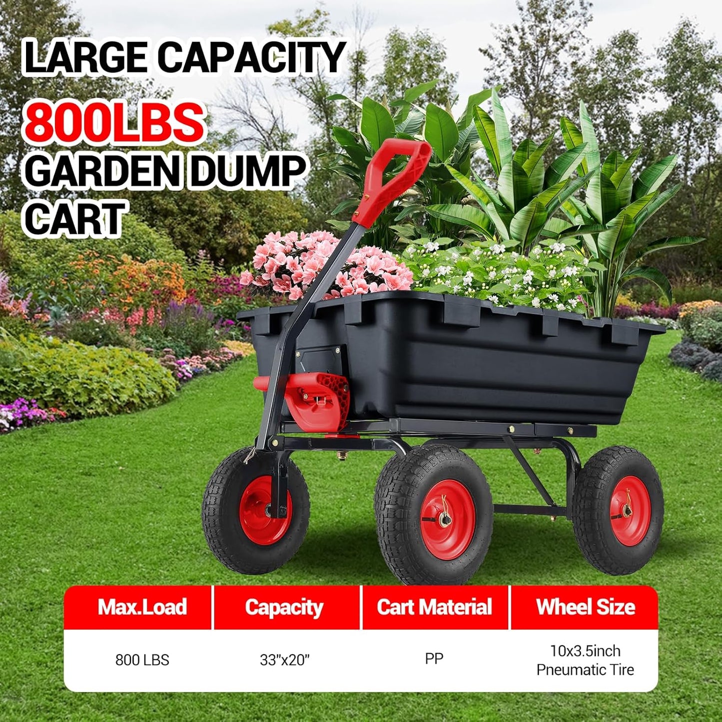 Heavy Duty Poly Utility Dump Wagon 180°Quick Release Dumping, 800 Lb Capacity Outdoor Wheelbarrow for Yard, Landscaping & Gardening