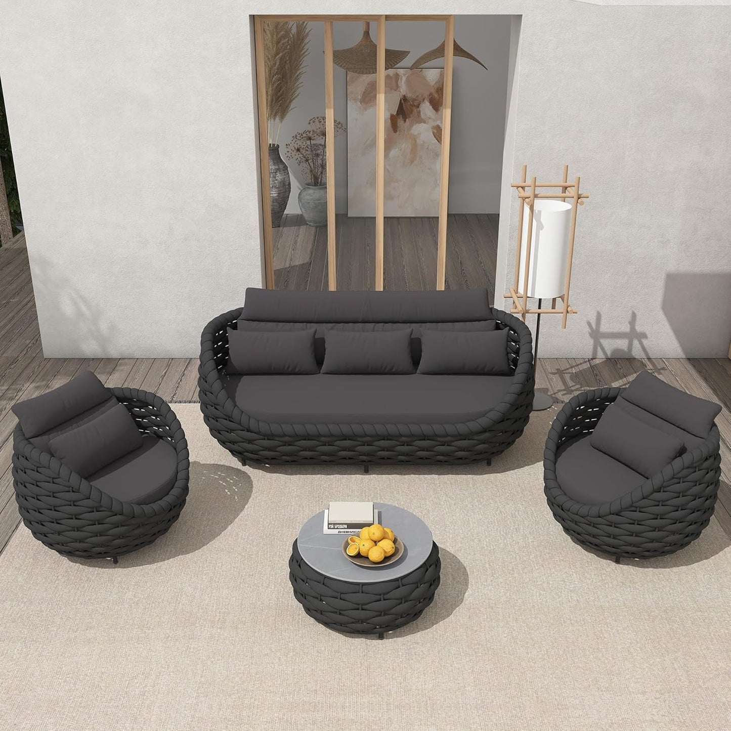 Aluminum Modern Patio Set Three Seater Sofa Outdoor Furniture Set w/Coffee Table,Patio Conversation Set with Hand Woven Teslin Rope for Bedroom Backyard Poolside, Dark Grey