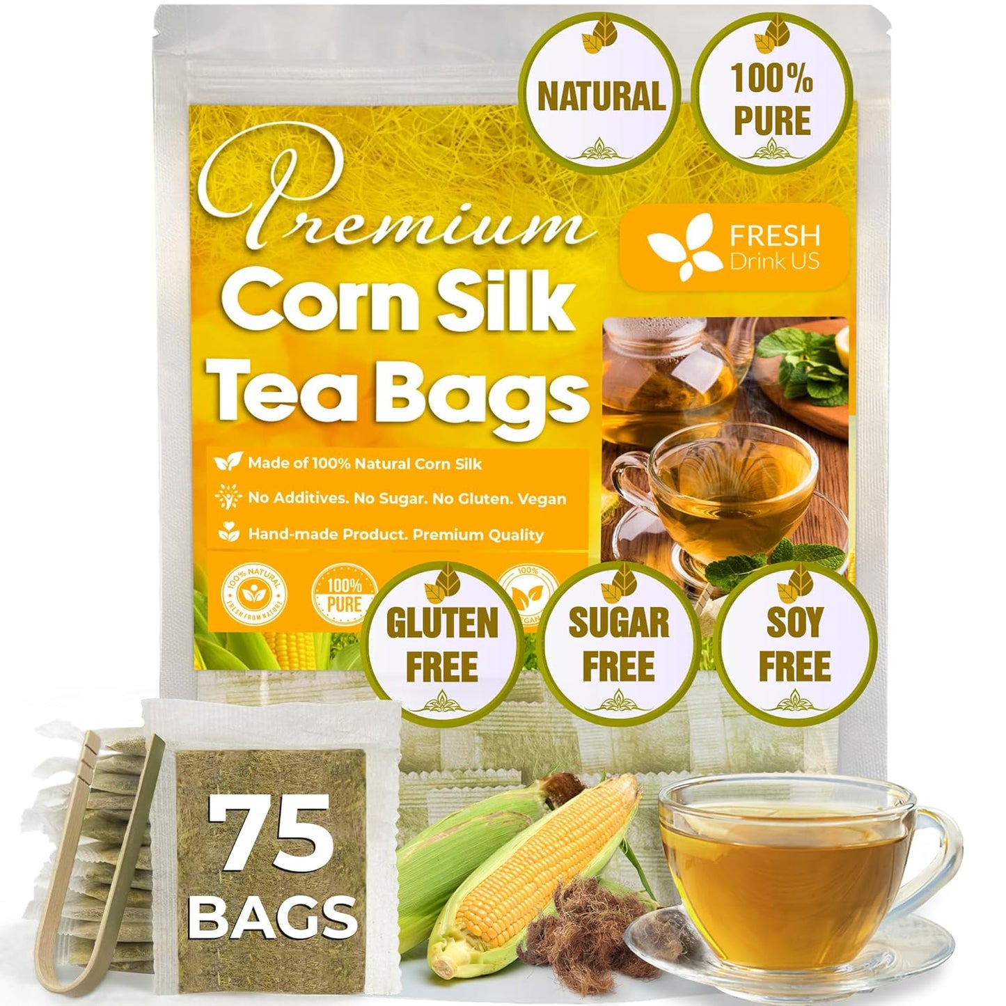 FreshDrinkUS, Premium 75 Tea Bags Corn Silk Tea, 100% Natural & Pure from Corn Silk. Corn Silk Herbal Tea. Clean Ingredients. Made with Natural Material Tea Bags. No Sugar, No Caffeine, Vegan.