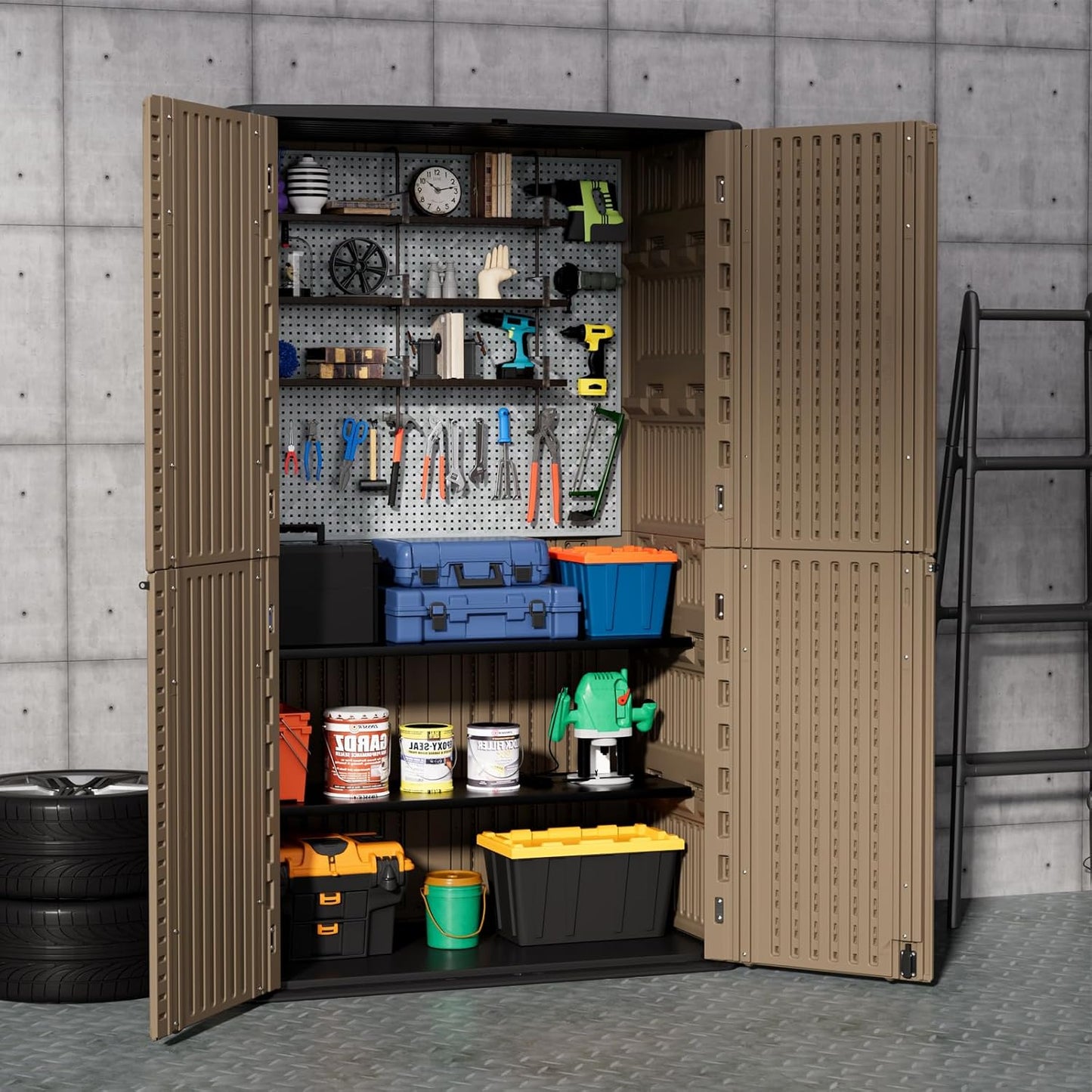 ZZM Large 67 Cu.ft Waterproof Storage Shed, Outdoor Storage Cabinet，Durable Resin Storage for Patio Furniture, Garden Tools, Pool Accessories, Mower Storage (Coffee)