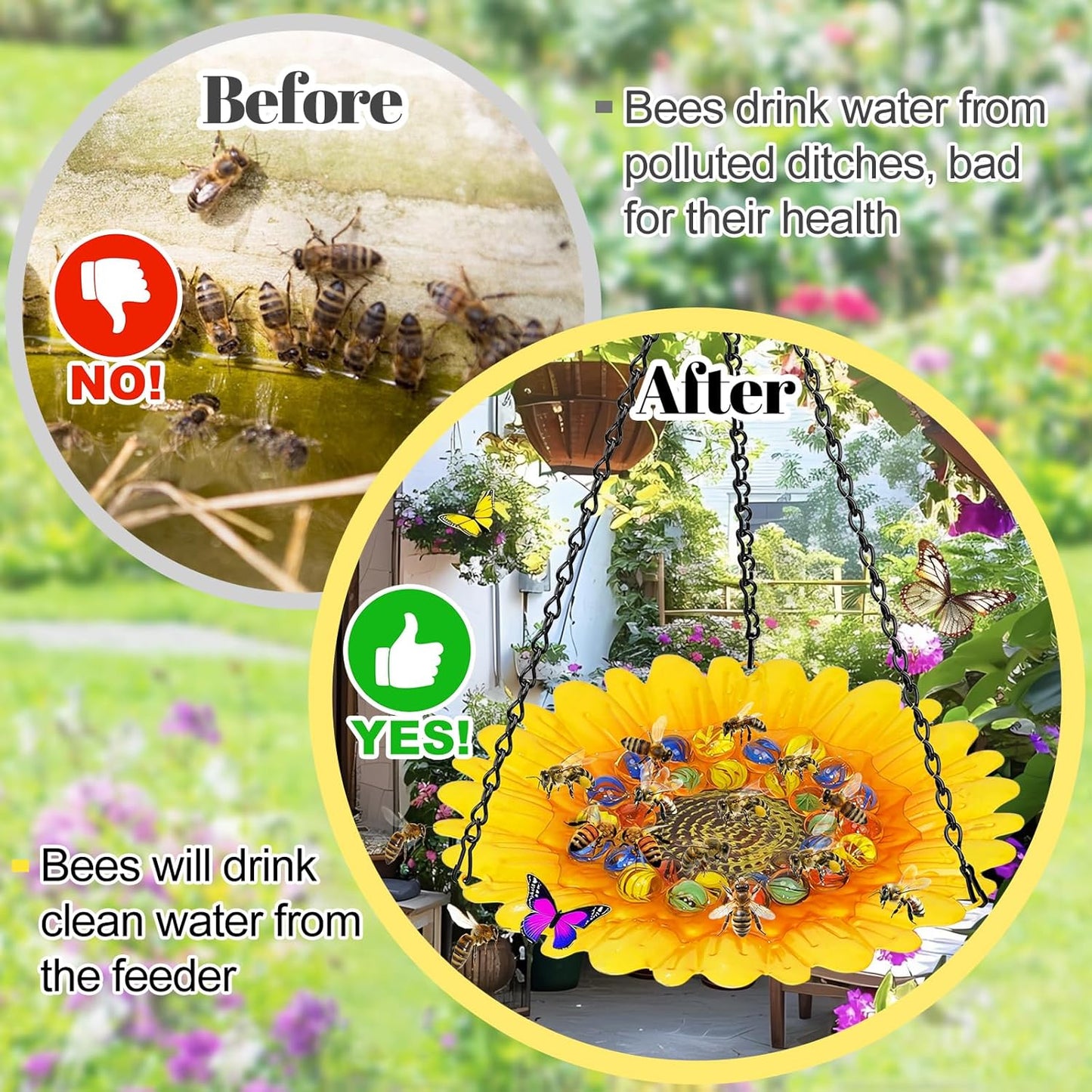 Bee Watering Station for Garden, Bee Bath Feeders for Outside with Vivid Flower Design, Hanging Butterfly Bath Bowl with Glass Balls for Outdoor Courtyard Decoration (1Pcs-Yellow)