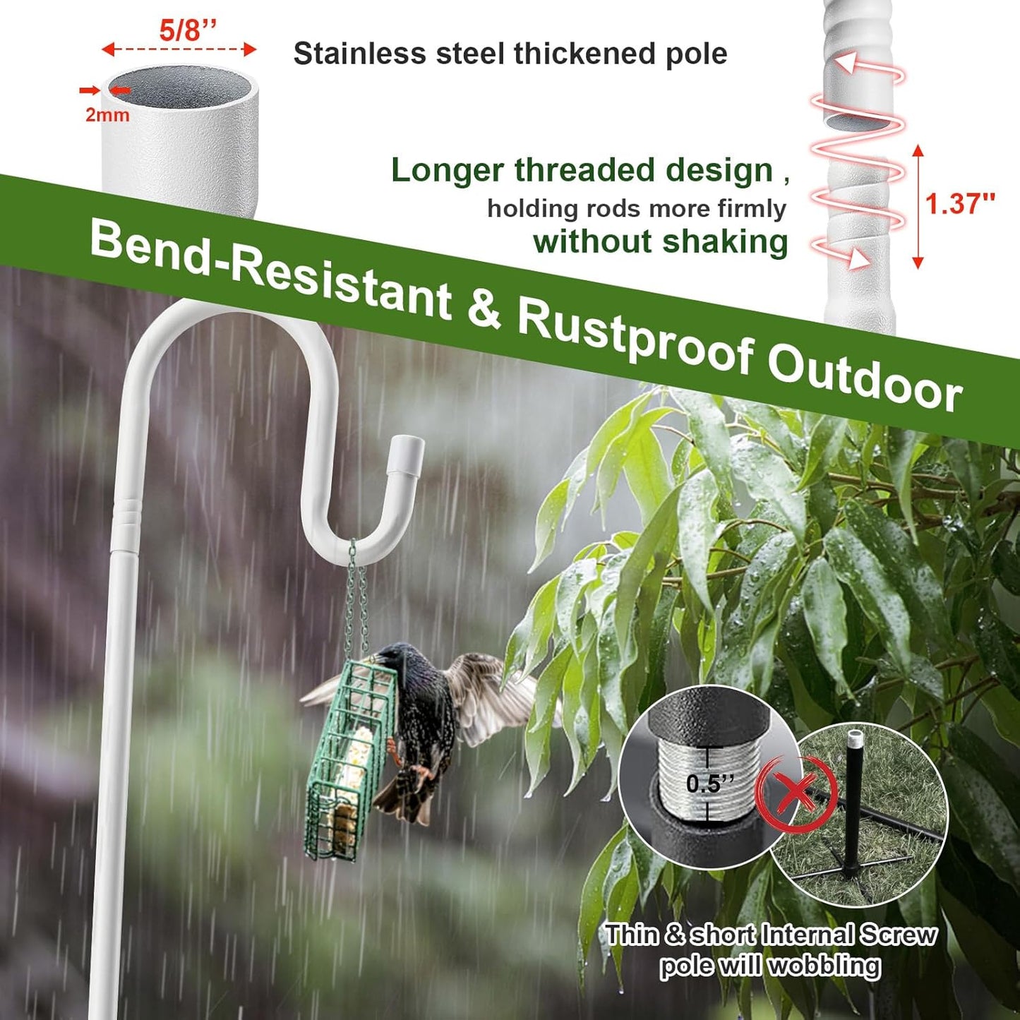 Hummingbird Feeder Stand Pole -30 inch Shepherds Hooks for Outdoor Garden Decor, 5 Prong Bird Feeder Pole for Hanging Birdfeeders,Plant,String Light - Heavy Duty Wind Chime Stand,Shepards Hook-White