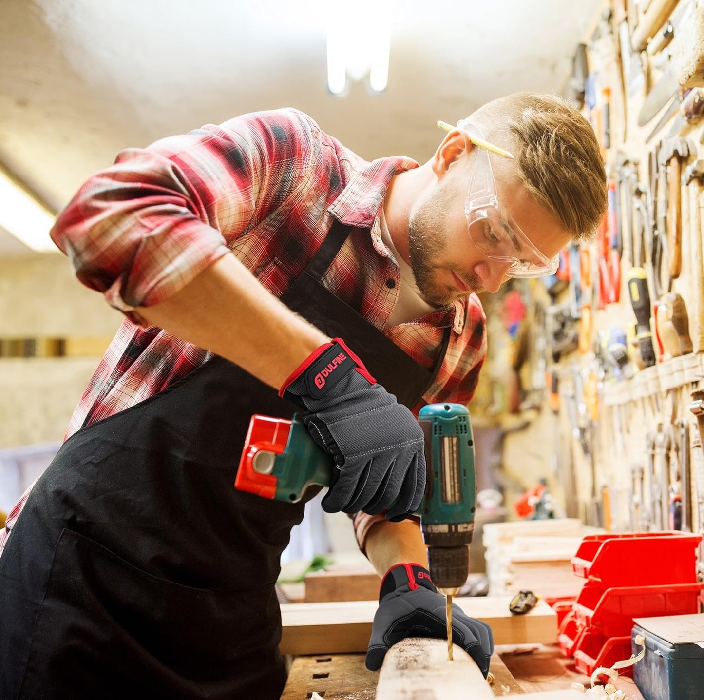 DULFINE Flex Grip Mechanic Work Gloves for Men,Black and Red Utility Safety Working Gloves Touch Screen,Excellent Grip,Ideal for Working on Cars and Outdoor Jobs(Medium)