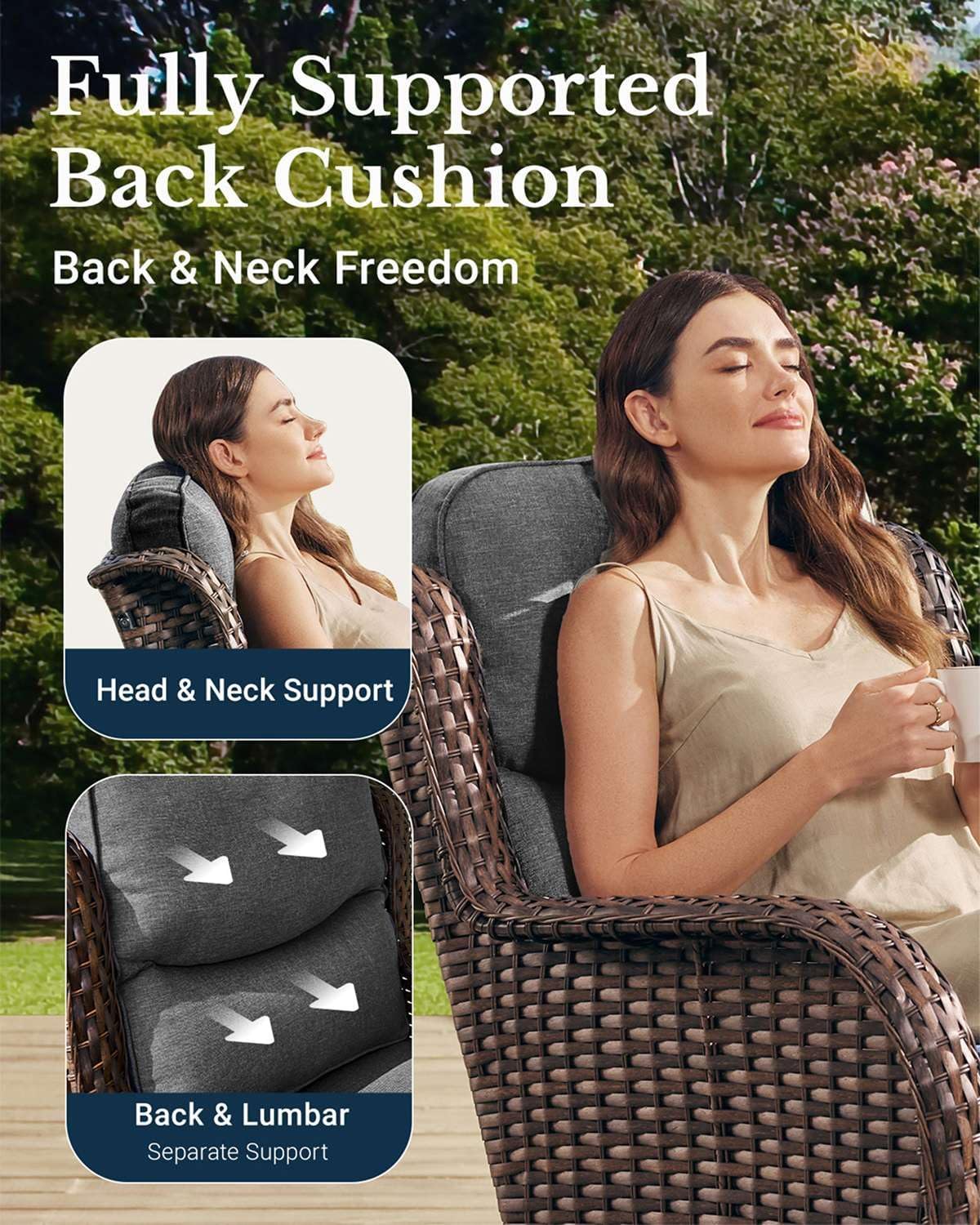 HILLGA Luxury Patio Furniture Set with 6-inch Thick Cushion, Outdoor High Back Swivel Rocker Patio Chairs, 3PCS Wicker Conversation Set for Deck Yard and Poolside, Dark Grey (V2)