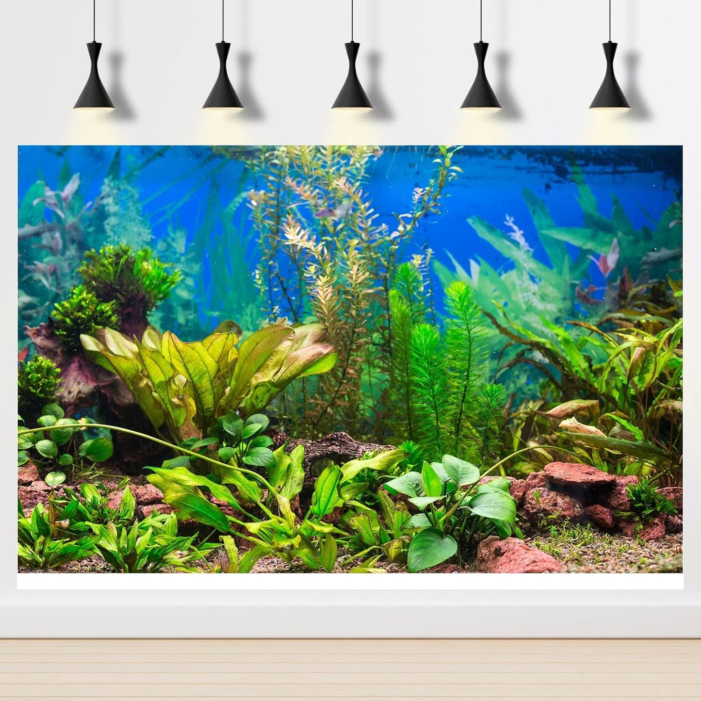 Aquarium Background Various Underwater Grass Plants Aquarium Backdrop Vivid and Fresh Green Aquatic Plants Stone River Bed and Dead Wood Purple Stone Fish Tank Background 72x24in
