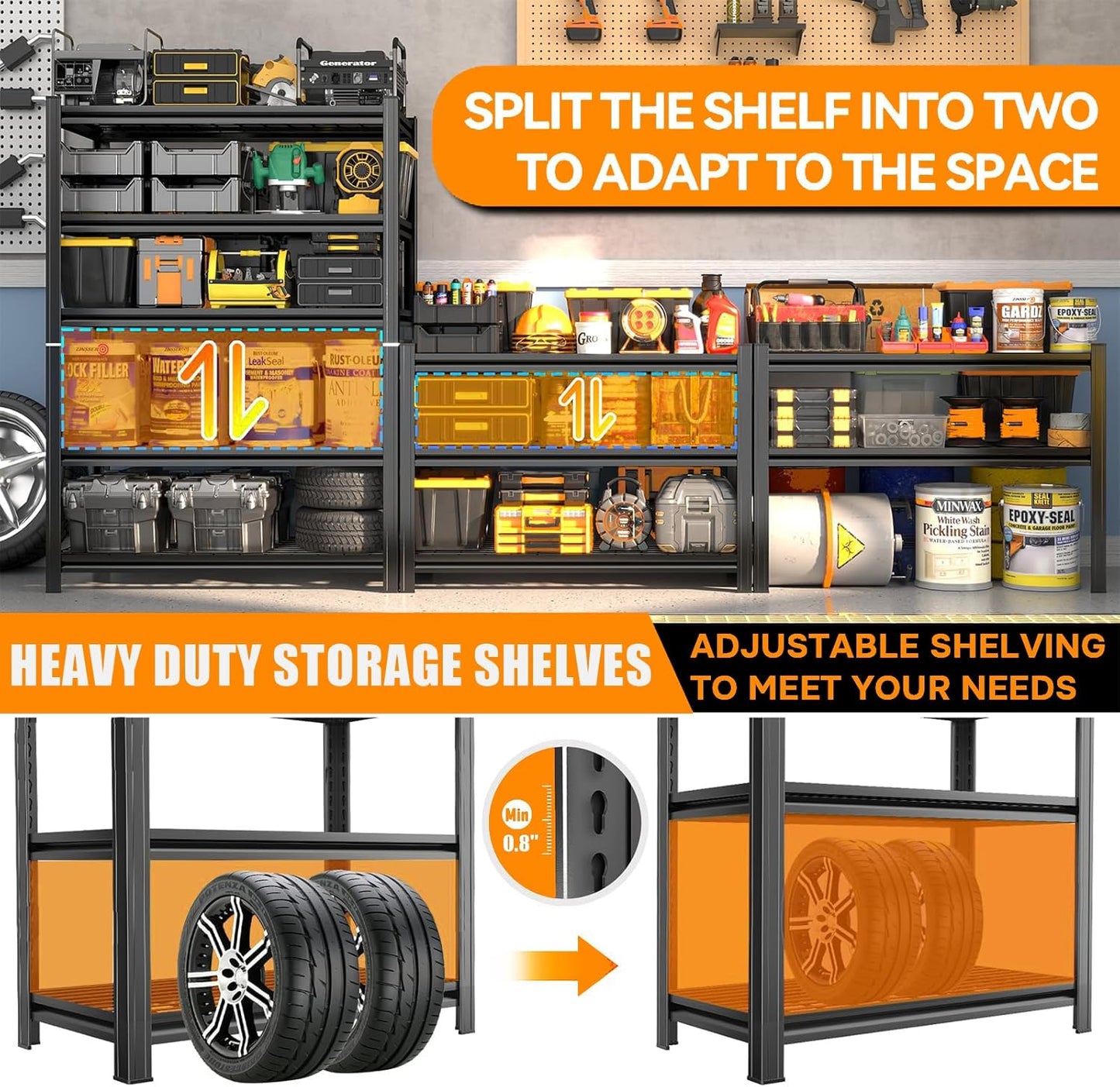 82''H Garage Shelving Heavy Duty Garage Storage Shelves, 3600 LBS Adjustable 6 Tier Industrial Shelving Unit, Metal Utility Shelf for Basement, Warehouse and Workshop (82''Hx40''Wx20''D, Black)