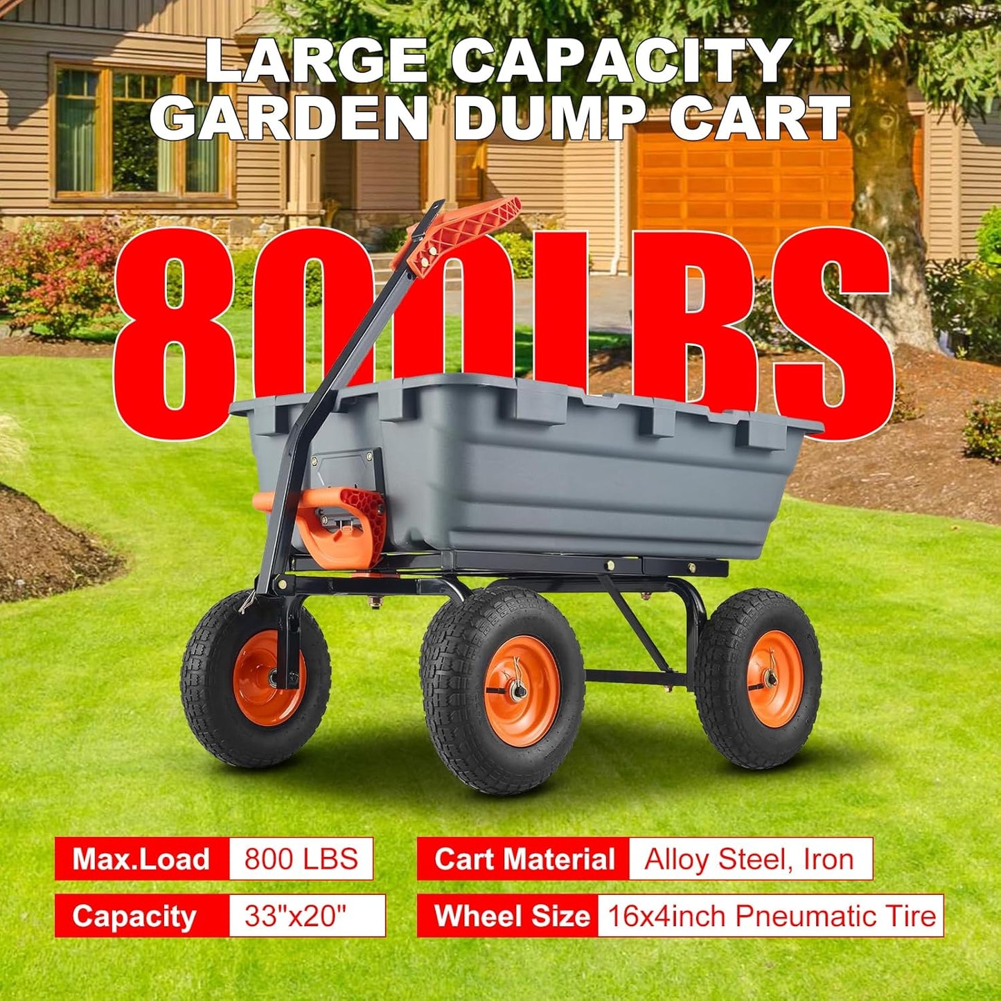 800 Lbs Garden Dump Carts, Heavy Duty Yard Cart, 4 Wheel Wheelbarrow with 10in Tires, Steel Frame and Quick Release System for Plants, Soil, Sand, in Courtyard, Beach, Farm(Gray)