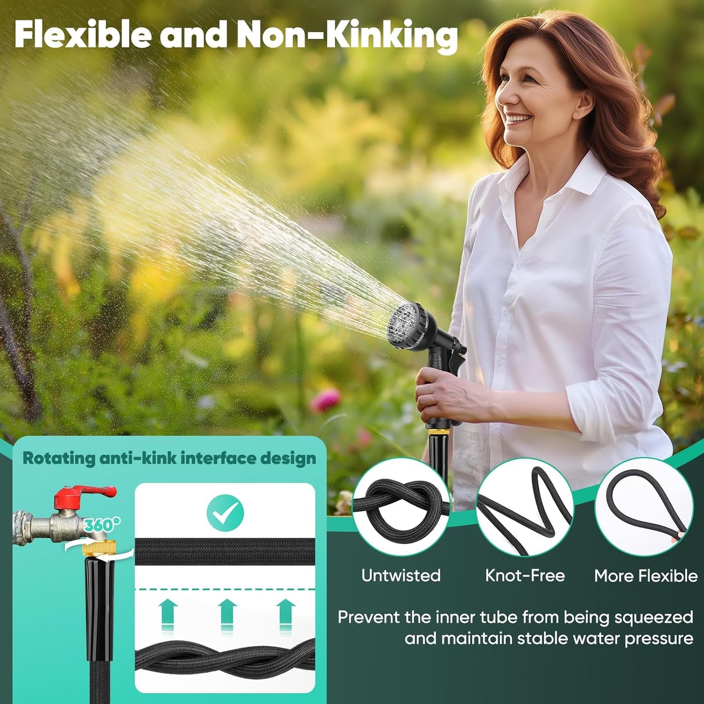 Garden Hose 100FT, Non-Expanding, Lightweight Hose With 8 Function Nozzle, Leak-Proof, No-Knot, Easy to Carry, Wear-Resistant, Sturdy, Flexible, 3/4GHT, Water Hose for Yard, Garden, Outdoor