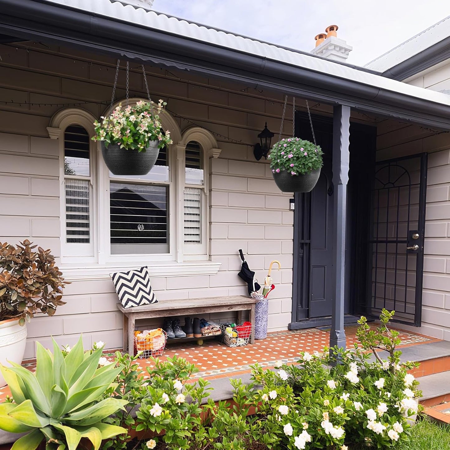Hanging Planters for Indoor Outdoor Plants, Set of 2 Self Watering Hanging Pots with Drainage Hole & Plug and 20" Chain & Hooks