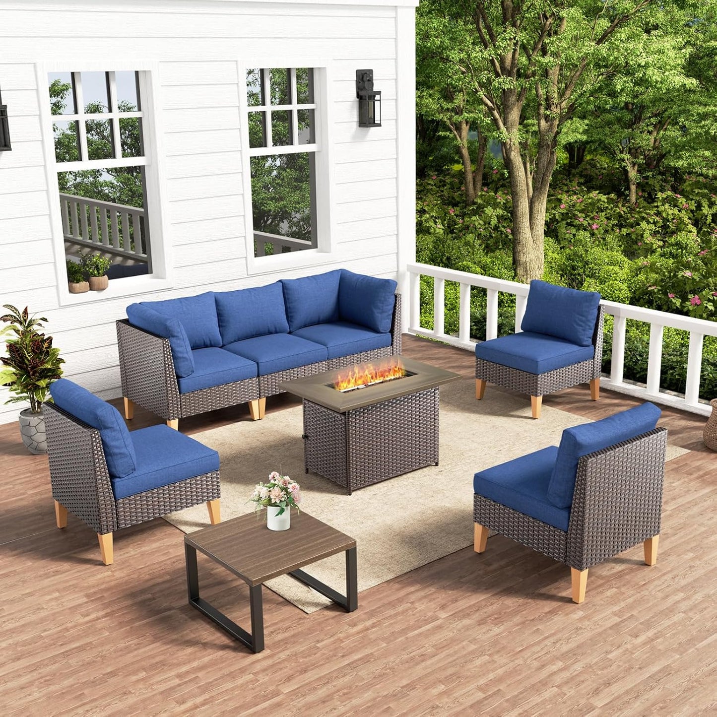 HUMMUH 8 Pieces Patio Furniture Set with Fire Pit,Outdoor Modular Sectional Couch Chairs with Table,All Weather PE Wicker Patio Conversation Sets for Deck Porch Backyard