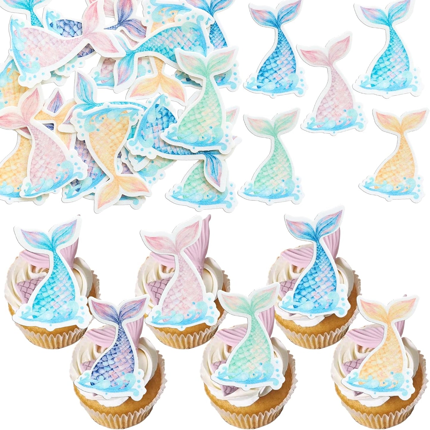 Ephlyn 54Pcs Edible Mermaid Tail Cupcake Toppers Wafer Paper Mini Under the Sea Mermaid Tail Cake Topper Decoration for Ocean theme Birthday Party Supplies Pink Blue Purple
