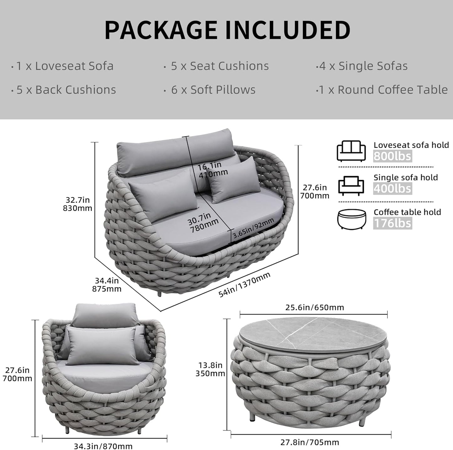 Aluminum Outdoor Patio Furniture Set with Coffee Table, 6 Piece Patio Conversation Sets with Washable Cushions Covers, Patio Sectional Furniture Set for Porch, Balcony, Deck, Yard, Light Grey