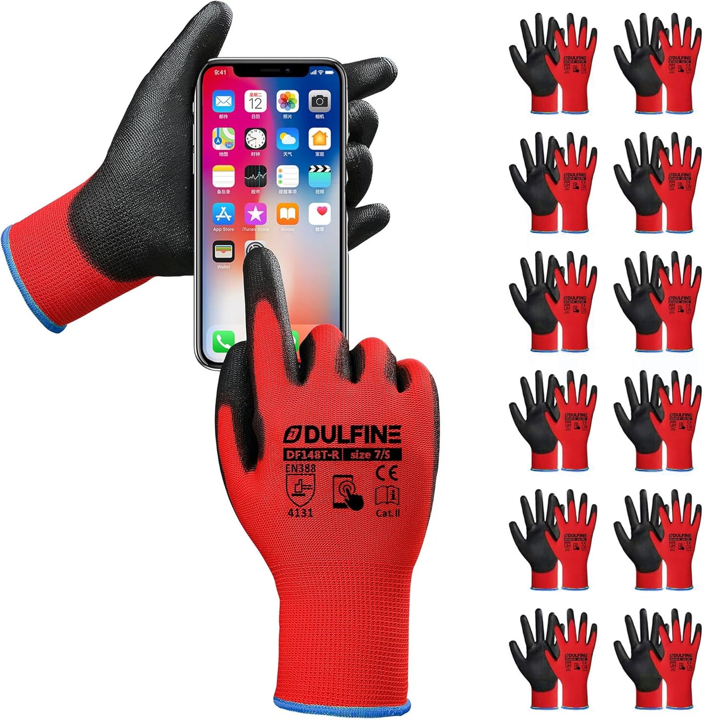 DULFINE Safety Work Gloves PU Coated for Men and Women-12 Pairs,Red Seamless Knit Glove with Two Fingers Touchscreen,Ideal for General Duty Work (Small)