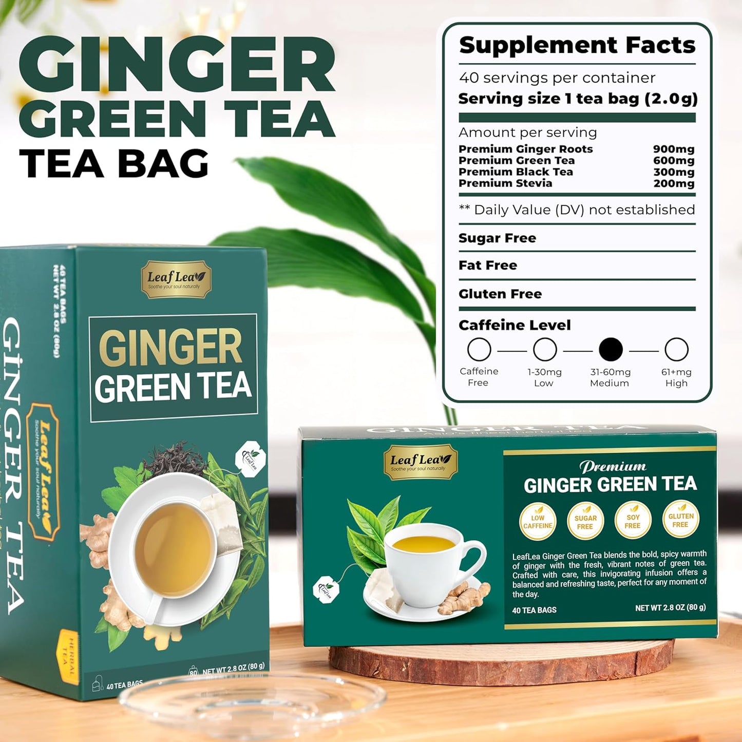 LeafLea Green Tea with Ginger, 80 Tea Bags (2 Packs), Natural Green Tea with Ginger Root, Lightly Sweetened with Stevia, Supports Digestion and Immunity, Low Caffeine, Non-GMO, Gluten-Free