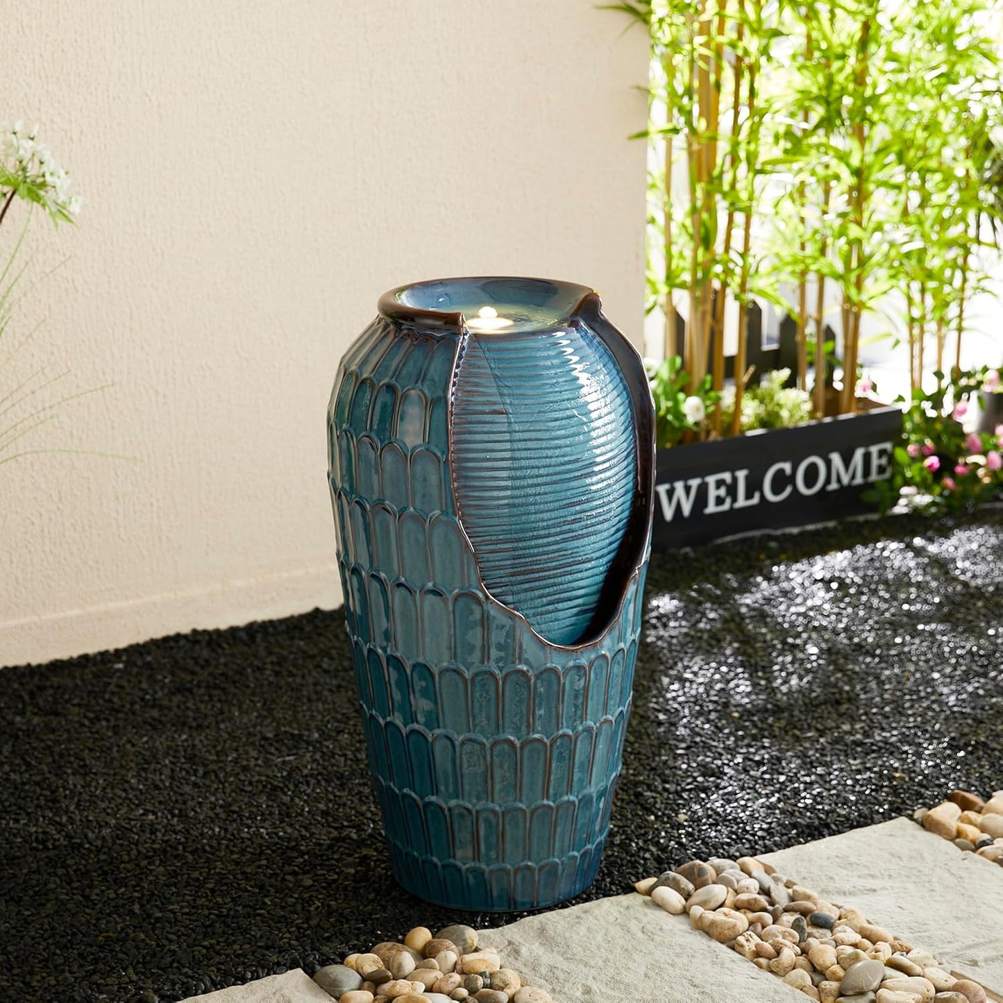 Glitzhome 28.25" H Oversized Ceramic Petals Textured Jar Outdoor Water Fountain, Vintage Turquoise Glaze Vase Patio Garden Waterfall Fountain with LED Light and Submersible Pump