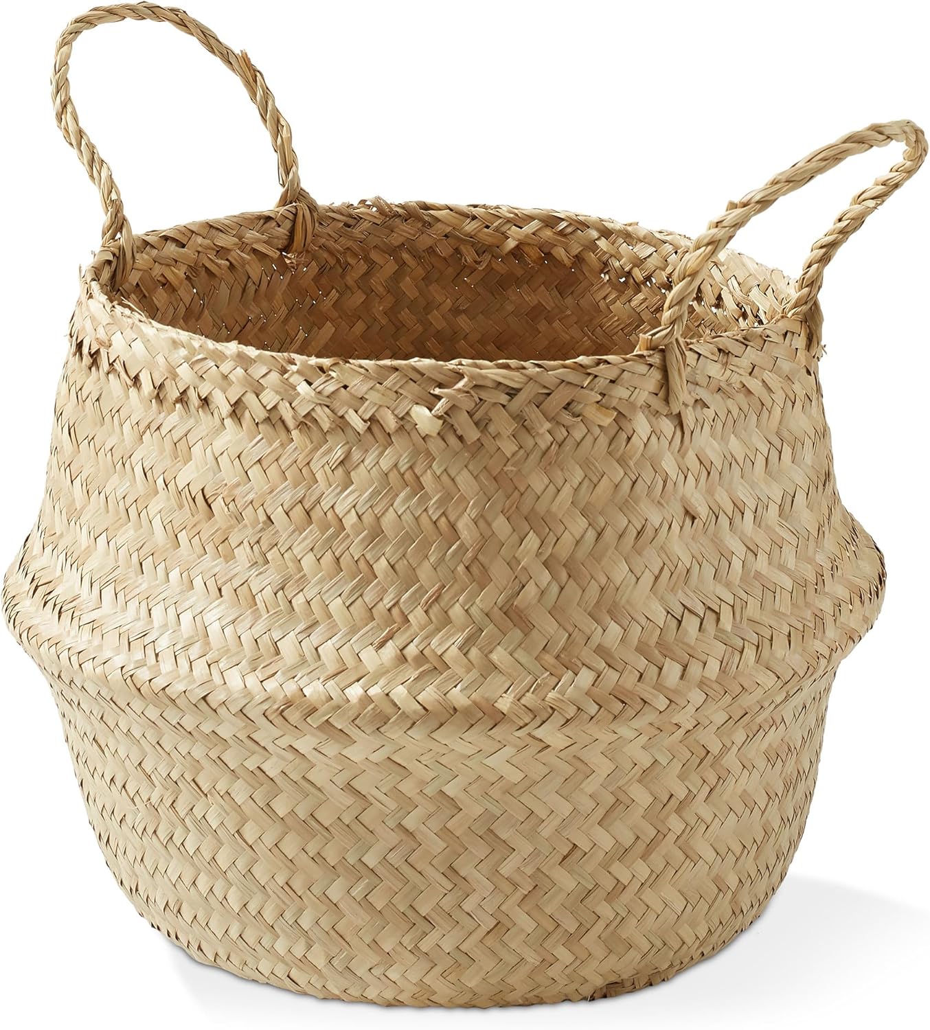 Casafield Seagrass Belly Storage Basket Planter with Handles - Large, Natural Woven Wicker Indoor Plant Pot Cover for Plants and Trees