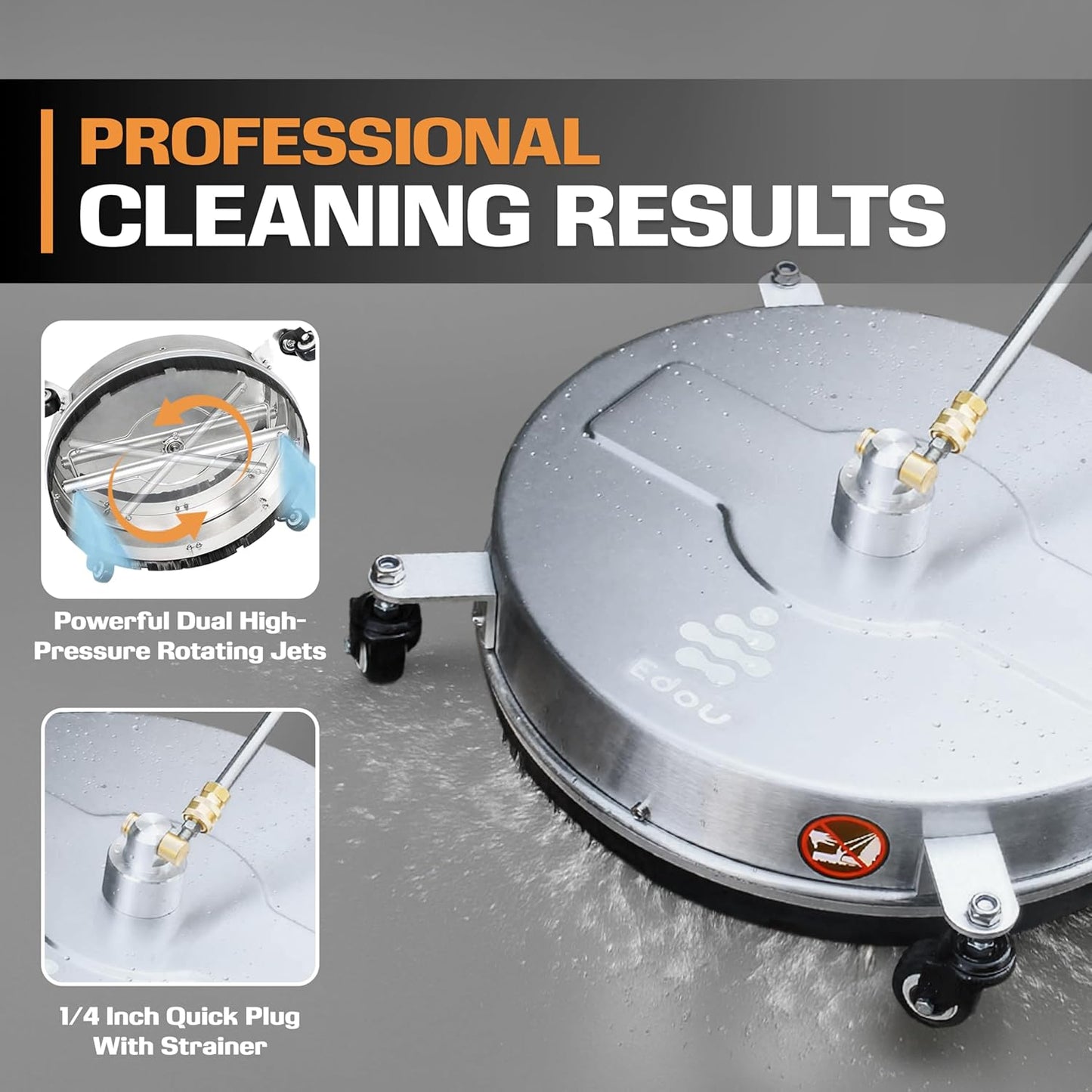 EDOU 18 inch Pressure Washer Surface Cleaner - Stainless Steel Power Washer Attachment - 4,000 PSI Max - Concrete Cleaner with Dual Nozzles and Extension Wands - Silver