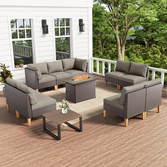 HUMMUH 11 Pieces Patio Furniture Set with Fire Pit,Outdoor Modular Sectional Couch Loveseat Chairs with Table,All Weather PE Wicker Patio Conversation Sets for Deck Porch Backyard
