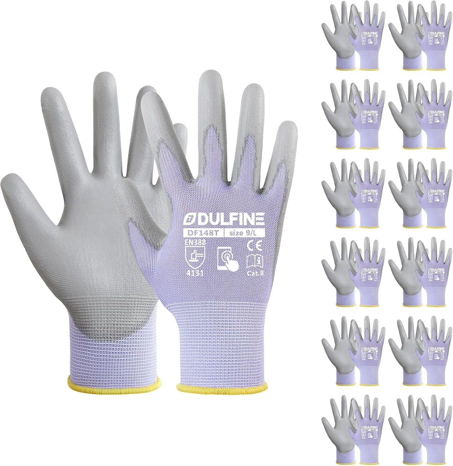 DULFINE Work Gloves for Men PU Coated 12 Pairs Bulk Pack,Purple Seamless Knit Glove with thin Polyurethane,Two Finger Touchscreen, for Men and Women, Ideal for Light Duty Work. (Extra Large)