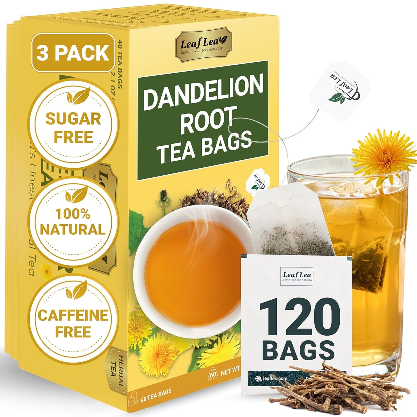 LeafLea 120 Dandelion Root Tea Bags, Dandelion Tea Promotes Healthy Digestion & Immune Function, 100% Natural and Pure from Dandelion Root Herbal Tea, Caffeine-Free, Sugar-Free, Vegan, Pack of 3